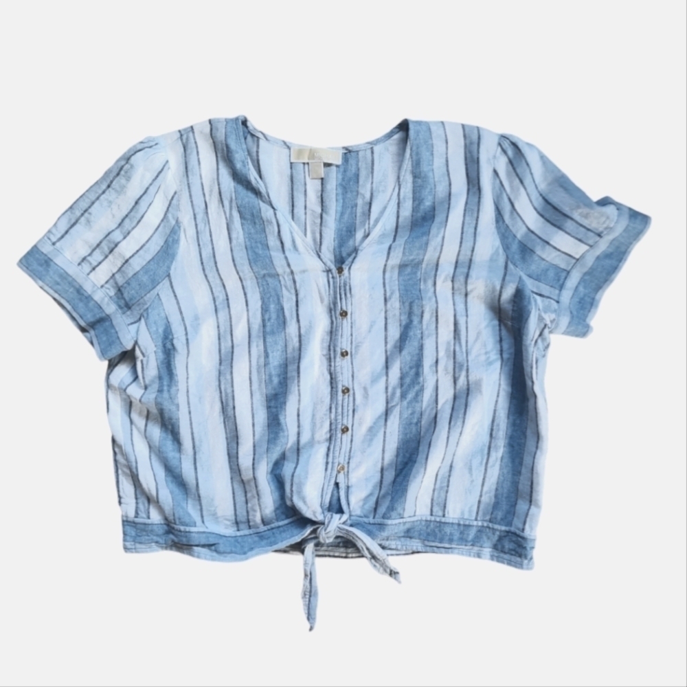 MICHAEL Michael Kors Blue and White Striped Top Women's XL V Neck Button Down